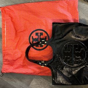 Tory Burch black patent leather large tote